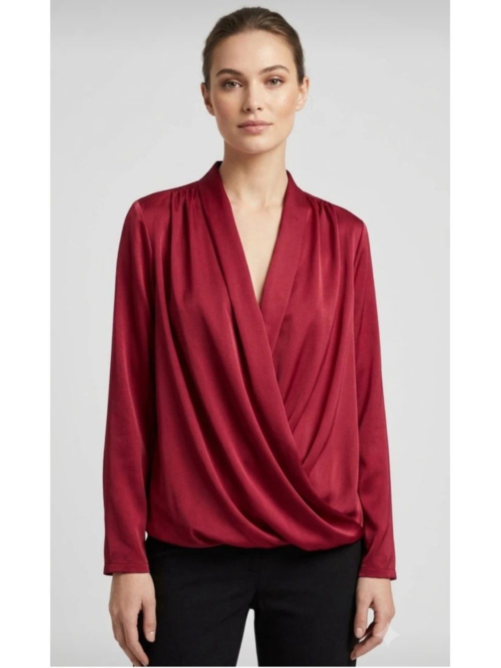 Elegant Burgundy Wrap Blouse with Deep V-Neckline – Size XL